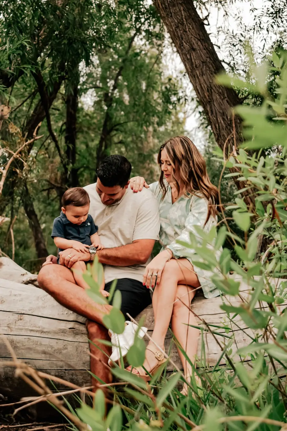 Family sitting on a log in the woods, dad holding their baby boy